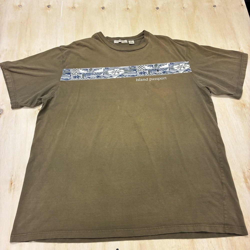 Y2K Island Passport Shirt Mens 2XLT Brown Tropical Logo Stripe Tee T-Shirt